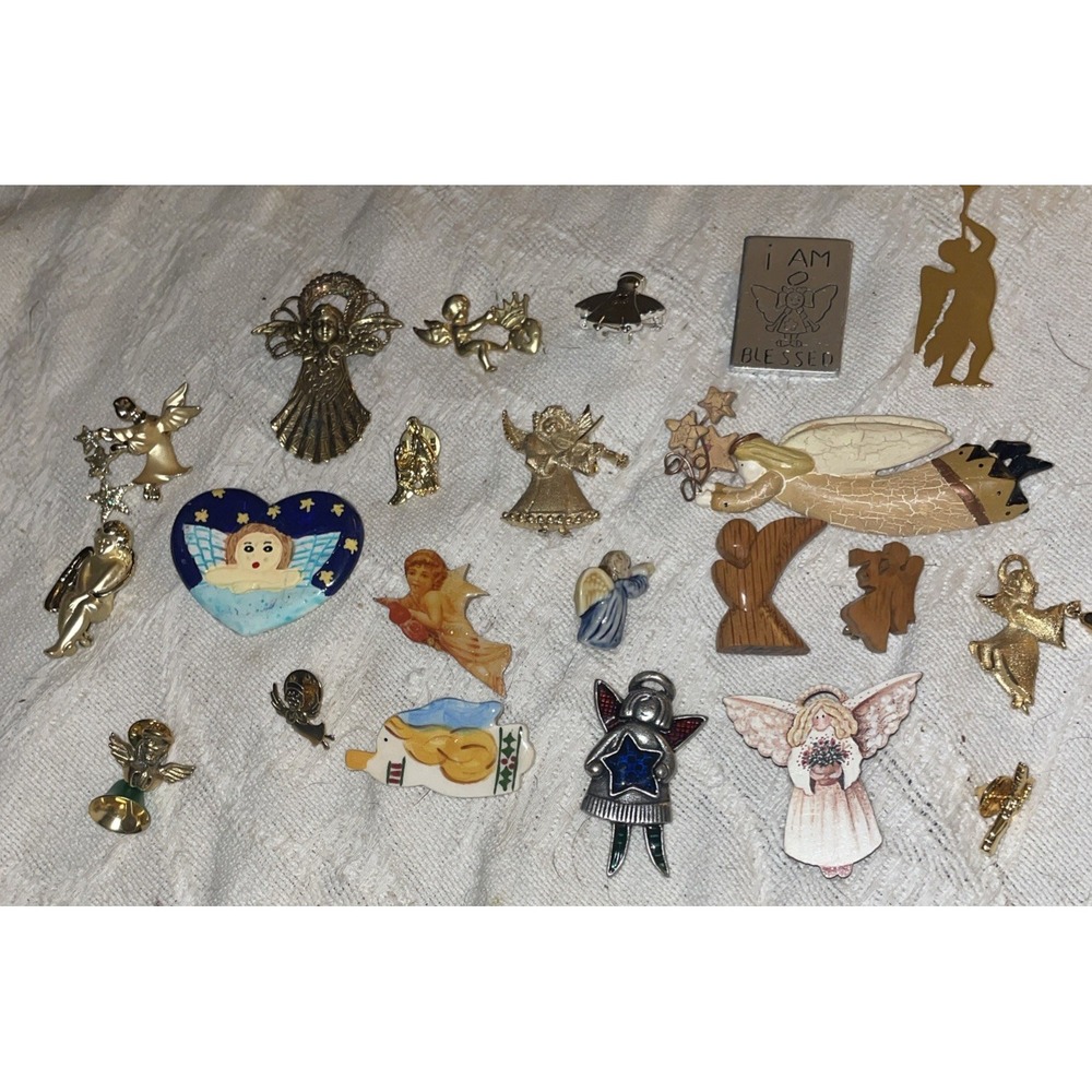 Lot Of 22 Angel Brooch Pins Mixed Lot Gold & Silver  Tone Wood Vintage To Now